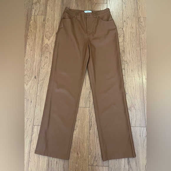 MNG Mango Sz 8 Faux Leather Pleather Pants Trousers Vegan Brown Straight - Picture 2 of 13
